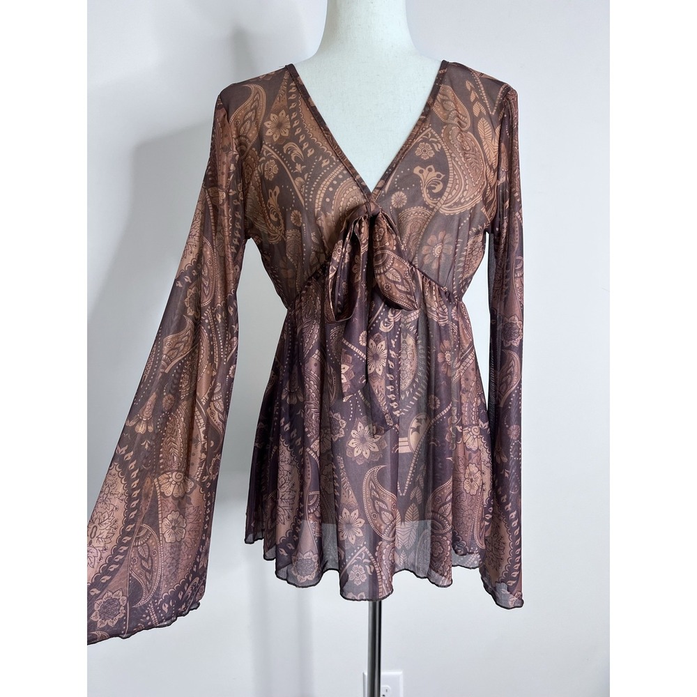 Womens L Brown Paisley Sheer Mesh Top Bell Sleeve Tie Front Y2K Boho Whimsigoth